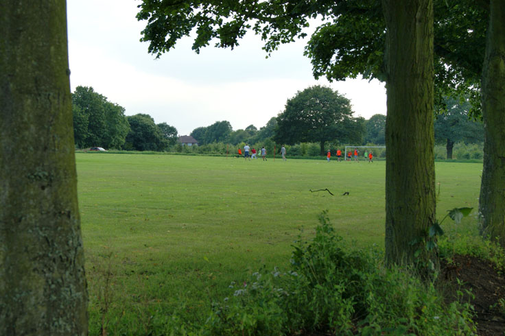 A group of people playing football on a field.